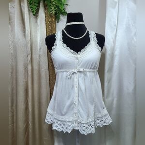 ♡ Y2K ♡ Abercrombie White Lace Beaded Waist Tie Babydoll Cami Tank Top